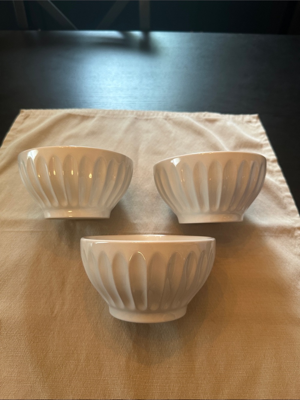 Set of 3 White Ceramic Fluted Bowls